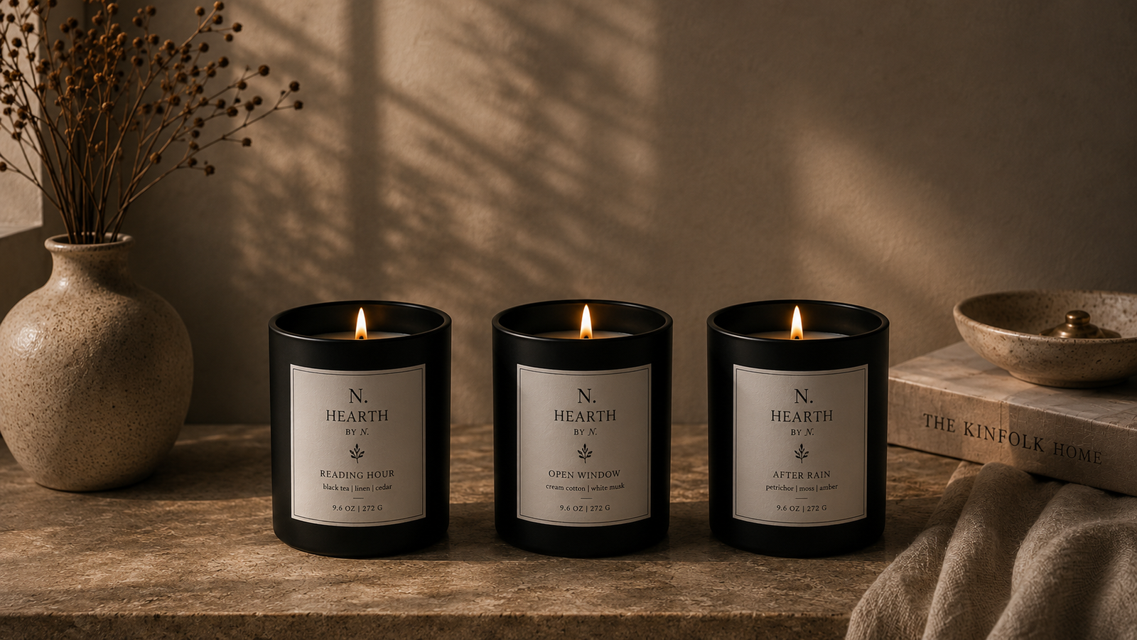 Three HEARTH by N candles, Reading Hour, Open Window and After Rain, lit on a sunlit windowsill