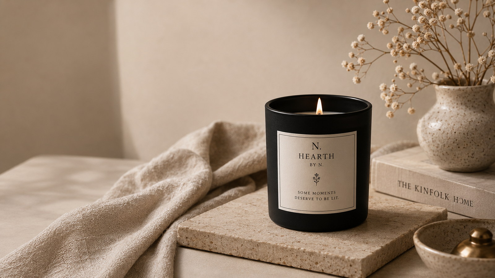 A lit HEARTH by N candle glowing on a marble tray beside dried botanicals and The Kinfolk Home book
